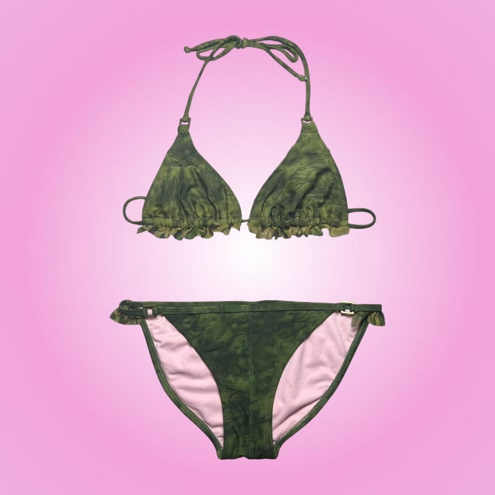 Xhilaration Women's Green and Pink Camo Ruffle Trim Tie Dye Triangle Bikini Set